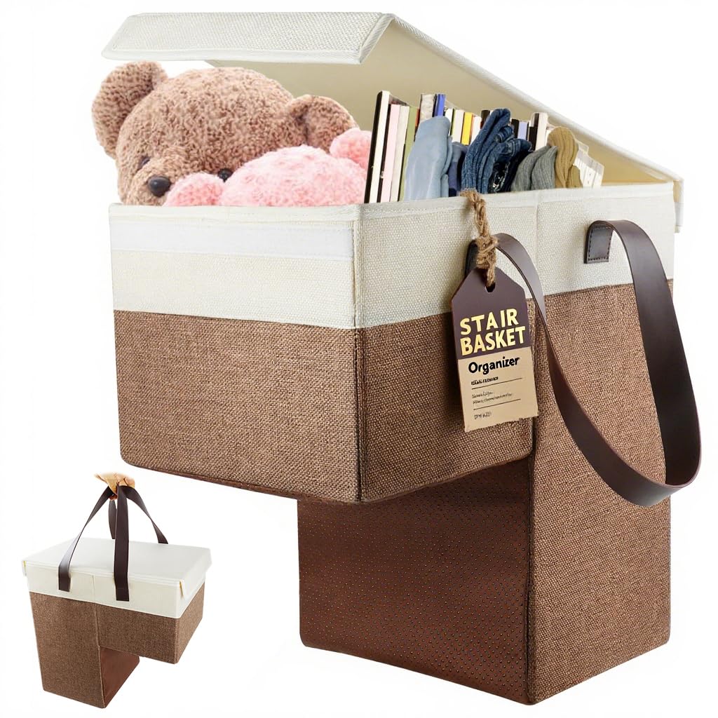 Ecopandy Flax Stairs Basket Non-slip, Foldable Stair Box for 8'' Stairs