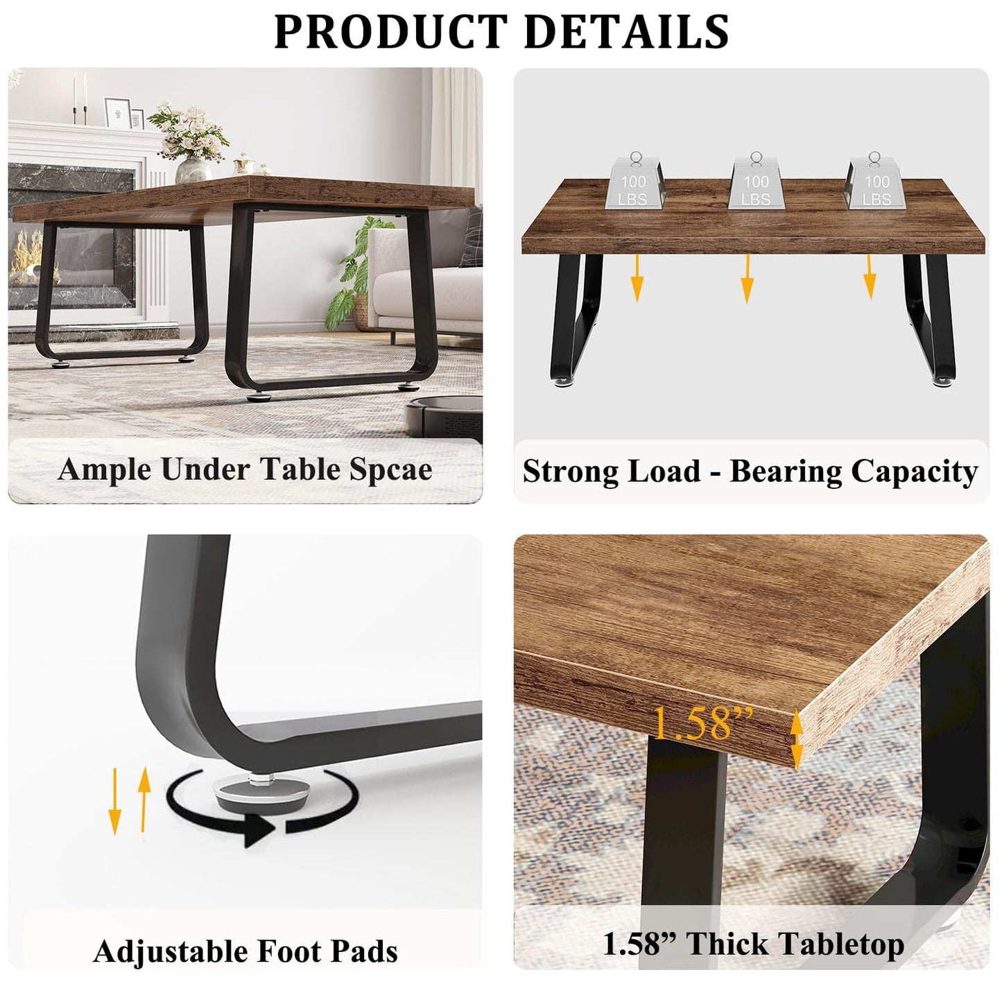 HSH Rustic Brown Coffee Table, 60D×120W×46.5H cm, Rustic Industrial Wooden Coffee Table for Living Room Bedroom Office