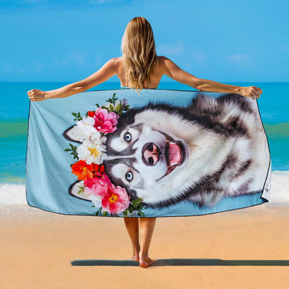 Violetpos Floral Wreath Husky Beach Towel for Dog Lovers, Extra Large 180x90 cm 250GSM Microfibre, Sand Free Quick Dry