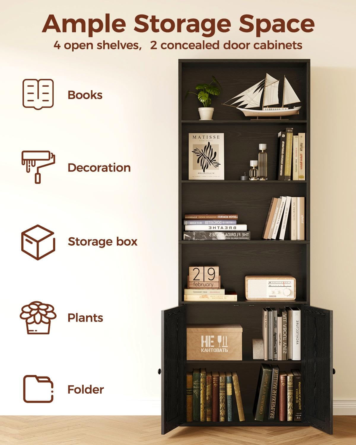 IRONCK Bookcase 6-Tier, Bookshelf with Doors, 180cm Tall Living Room Bookcases, Display Shelf Storage, Freestanding Book Shelf Unit for Home Office
