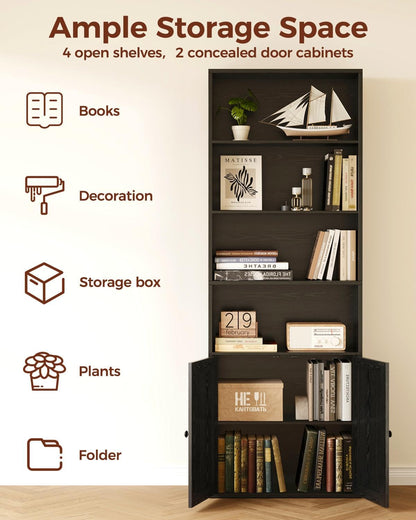 IRONCK Bookcase 6-Tier, Bookshelf with Doors, 180cm Tall Living Room Bookcases, Display Shelf Storage, Freestanding Book Shelf Unit for Home Office
