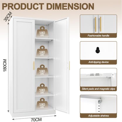 Tall Kitchen Cupboard, 180cm Metal Storage Cabinet, White, 180*70*35cm