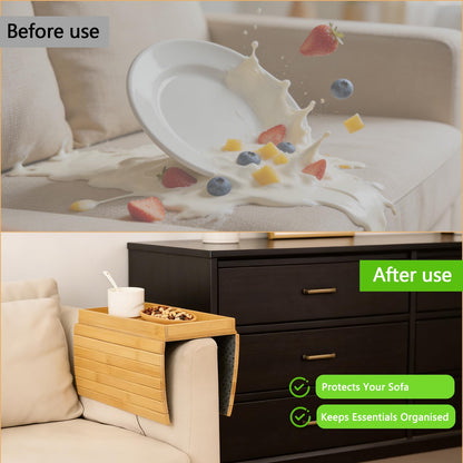 Solid Wood Armrest Tray, Space-Saving Table for Snacks & Drinks, Non-Slip Grooves, Includes 1 Wooden Coaster, Sofa Armrest Organizer