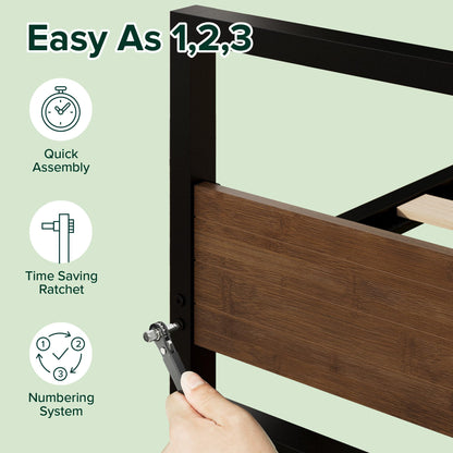Zinus Suzanne Metal Bed Frame with Wooden Headboard & Footboard | Single 90x190 cm | 18 cm High | Low Profile | Wood Slat Support | For Adults, Kids