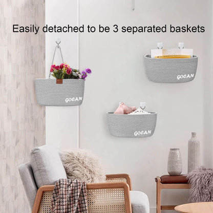 GOCAN 3-Tier Over Door Cotton Rope Woven Hanging Storage Basket(Grey)