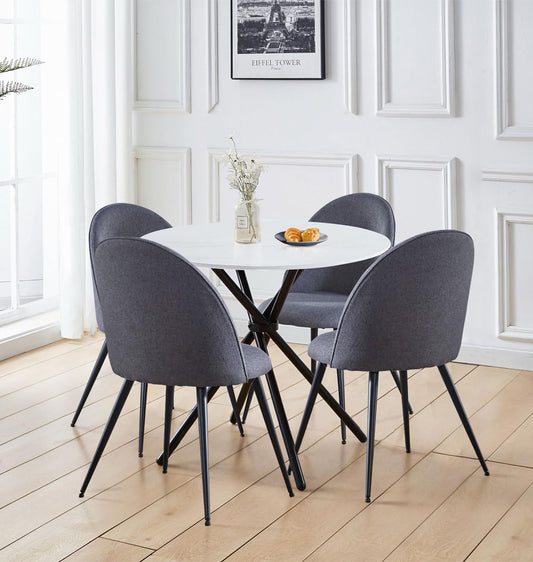 Hallowood Furniture Cullompton Round Dining Table and Chairs Set 4, Faux White Marble Space Saving Table and Chairs in Grey Curved-Back Fabric