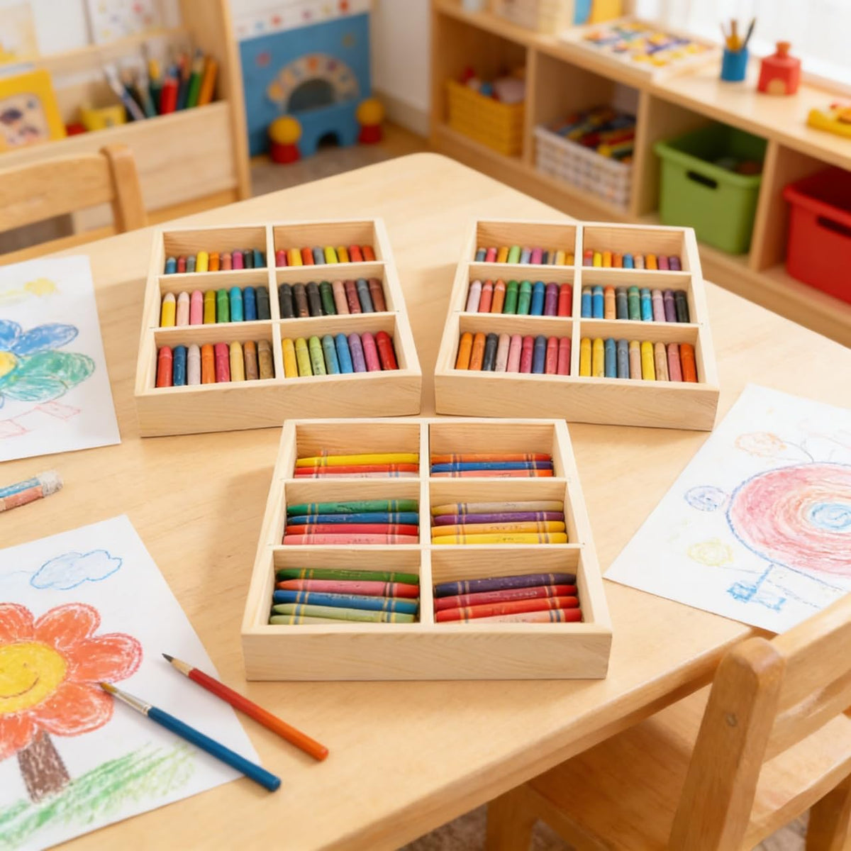 NOLITOY 3Pcs Wooden Organizer Tray Divided Storage Box for Crayons Markers Items Natural Desktop Holder for Art Supplies Multi Compartment Design
