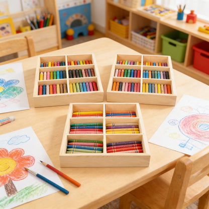 NOLITOY 3Pcs Wooden Organizer Tray Divided Storage Box for Crayons Markers Items Natural Desktop Holder for Art Supplies Multi Compartment Design