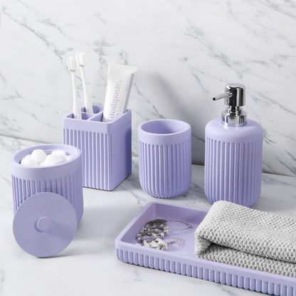 XLHOMO Resin Light Purple Bathroom Accessories Set 5 Pcs, Lotion Soap Dispenser, Toothbrush Holder, Bathroom Tumbler, Qtip Holder and Vanity Tray