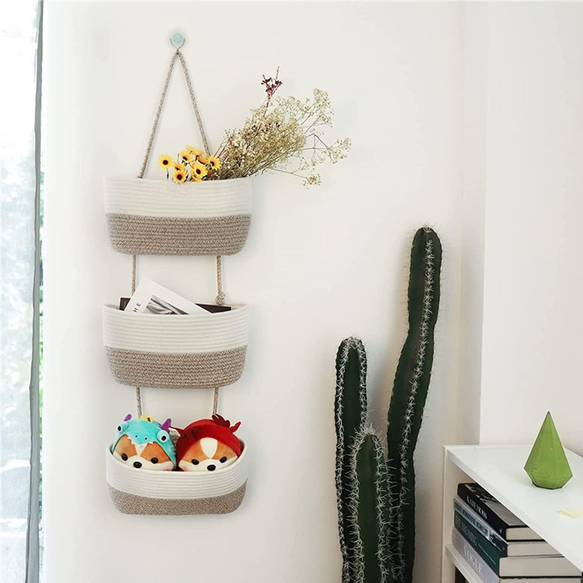 URCheers 3-Tier Over the Door Hanging Basket, Wall Mount Hanging Storage Organiser Woven Rope