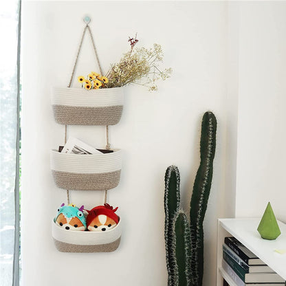 URCheers 3-Tier Over the Door Hanging Basket, Wall Mount Hanging Storage Organiser Woven Rope