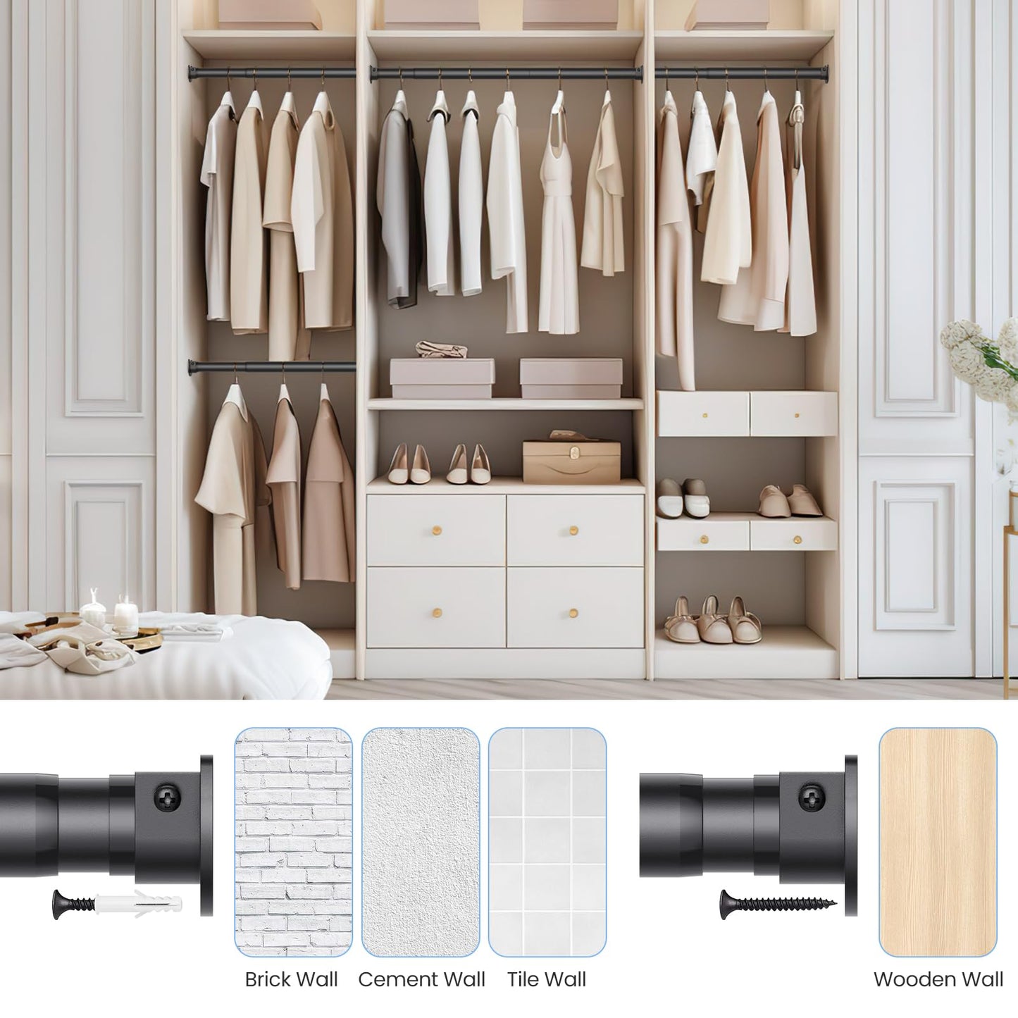 Ruiony Wardrobe Rail, 43 to 173 CM Heavy-Duty Stepless Adjustable Wardrobe Hanging Rail, 3.3 CM Diameter Metal Wardrobe Pole for Wardrobes