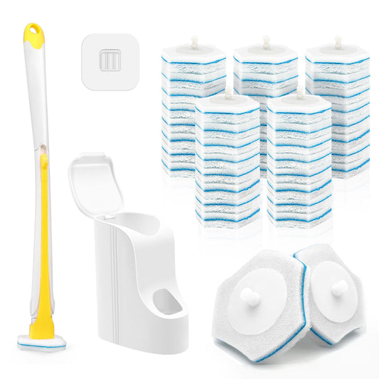 Dolanx Disposable Toilet Brush with 40 Refills, Wall Mounted Long Handle Compact Bathroom Bowl Cleaner Wand Holder Set for Sink Bathtub Wash Basin Mop