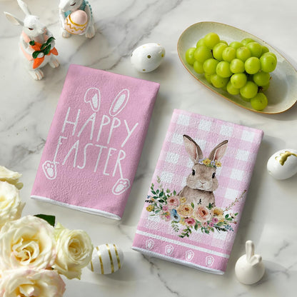 Artoid Mode Pink Buffalo Plaid Flowers Rabbit Happy Easter Kitchen Towels Dish Towels, 42x65 cm Spring Polyester Decoration Hand Towels Set of 2