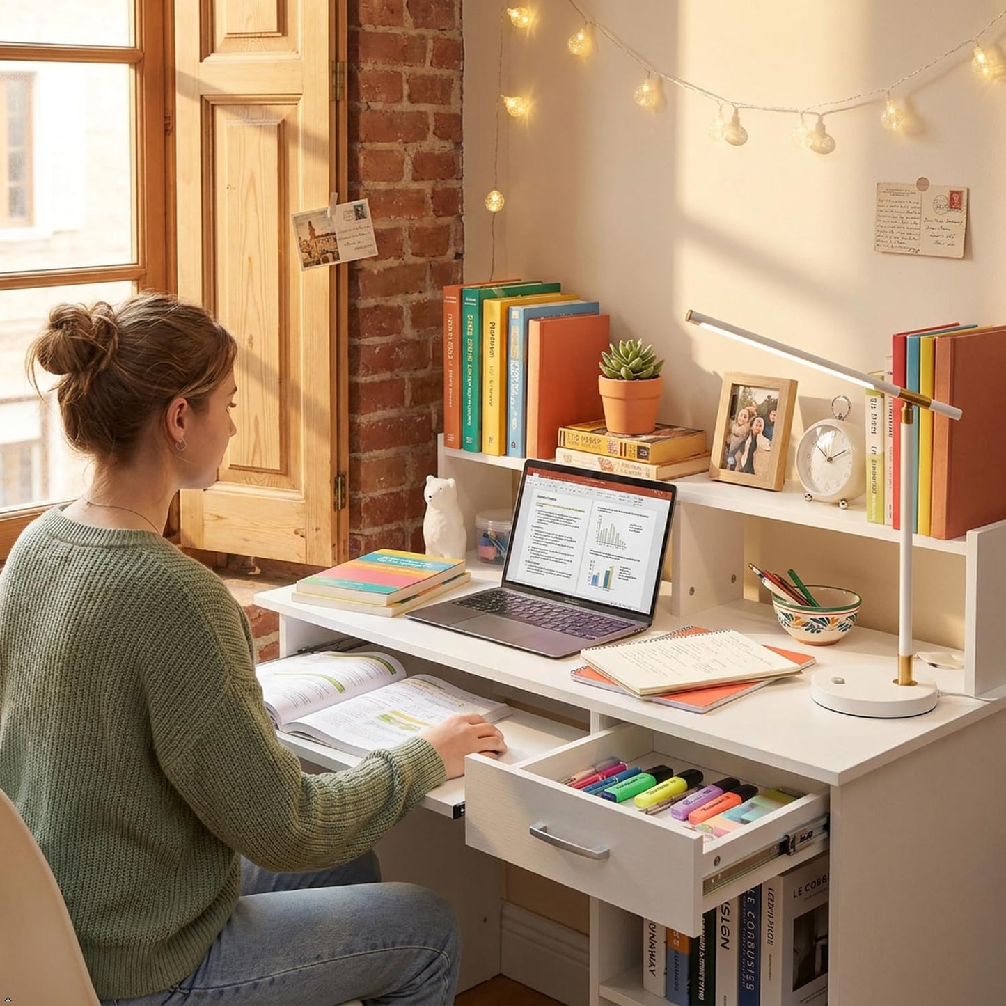 Yaheetech Computer Desk with Drawers Study Table for Home Office, White