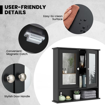 RELAX4LIFE Bathroom Mirror Cabinet, Wall Mounted Display Organizer Unit with Mirror, Double Door & Adjustable Shelf