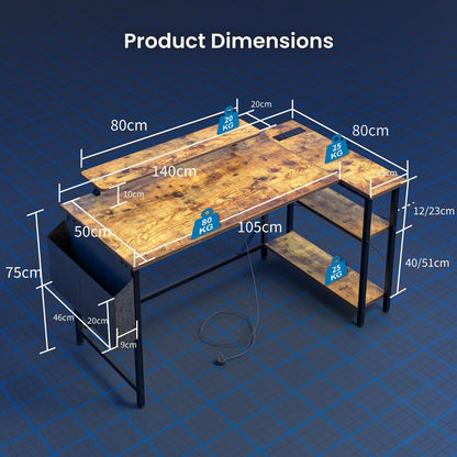 DOMSHOCT L Shaped Gaming Desk with LED Lights & Power Outlets, 140 * 80cm Corner Computer Table with Storage Bag & Adjustable Shelves & Large Monitor