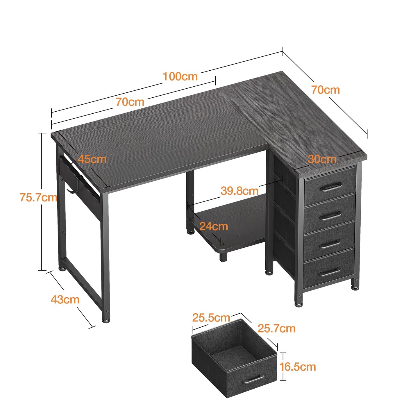 Coleshome Small Corner Desk with Drawers for Home Office, 100x70 cm, Black