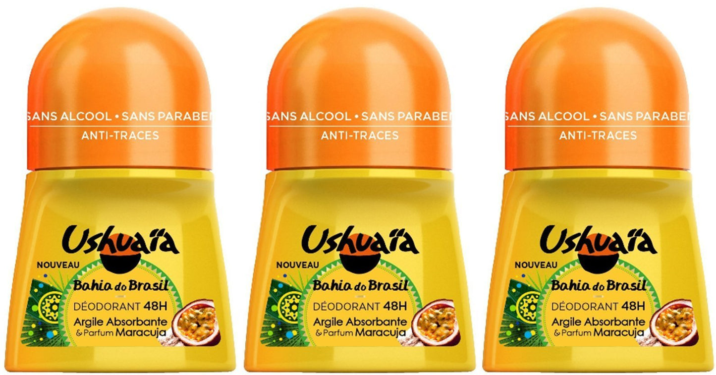Ushua?a ? Bahia Do Brasil Absorbent Clay & Passion Fruit Scent Deodorant Women 48h Effectiveness ? 50 ml ? Pack of 3