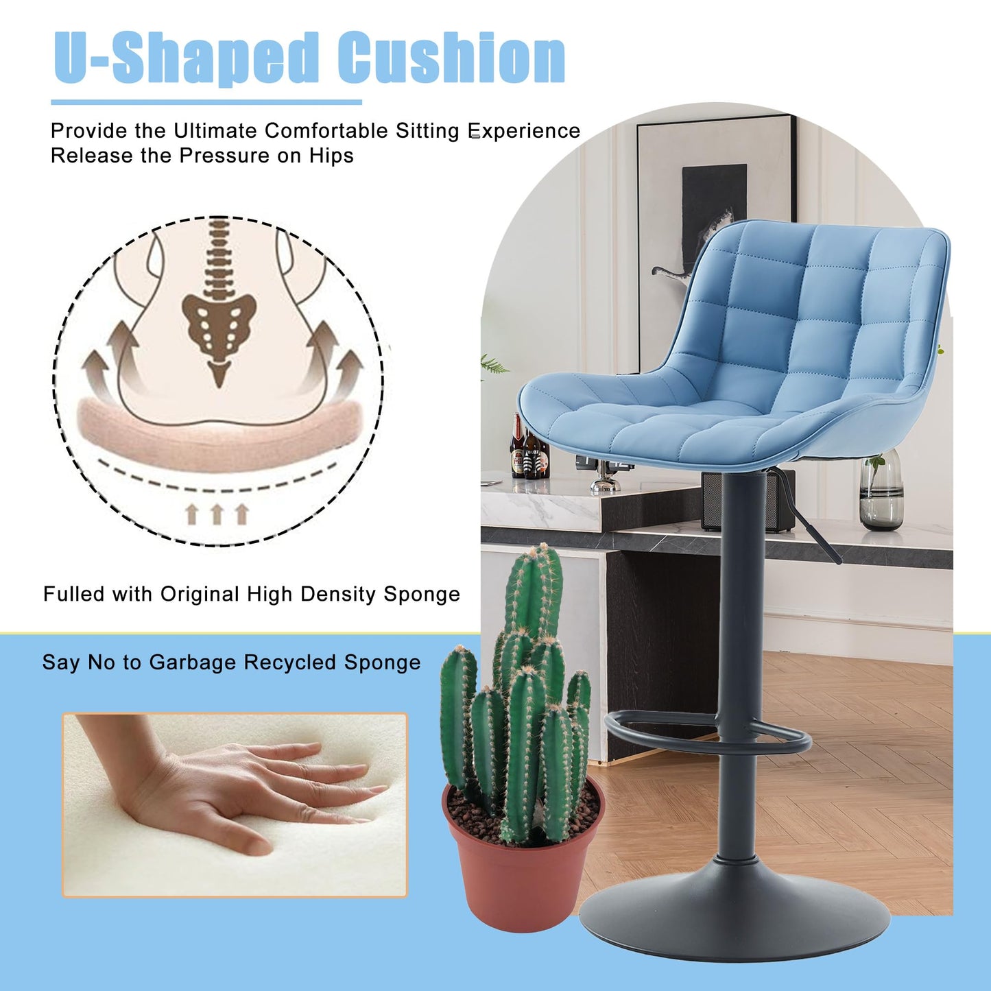 YOUTASTE Modern Bar Stools Set of 2, PU Leather Height Adjustable Swivel Chair with Backrest & Footrest, Height Counter Stools for Breakfast Bar