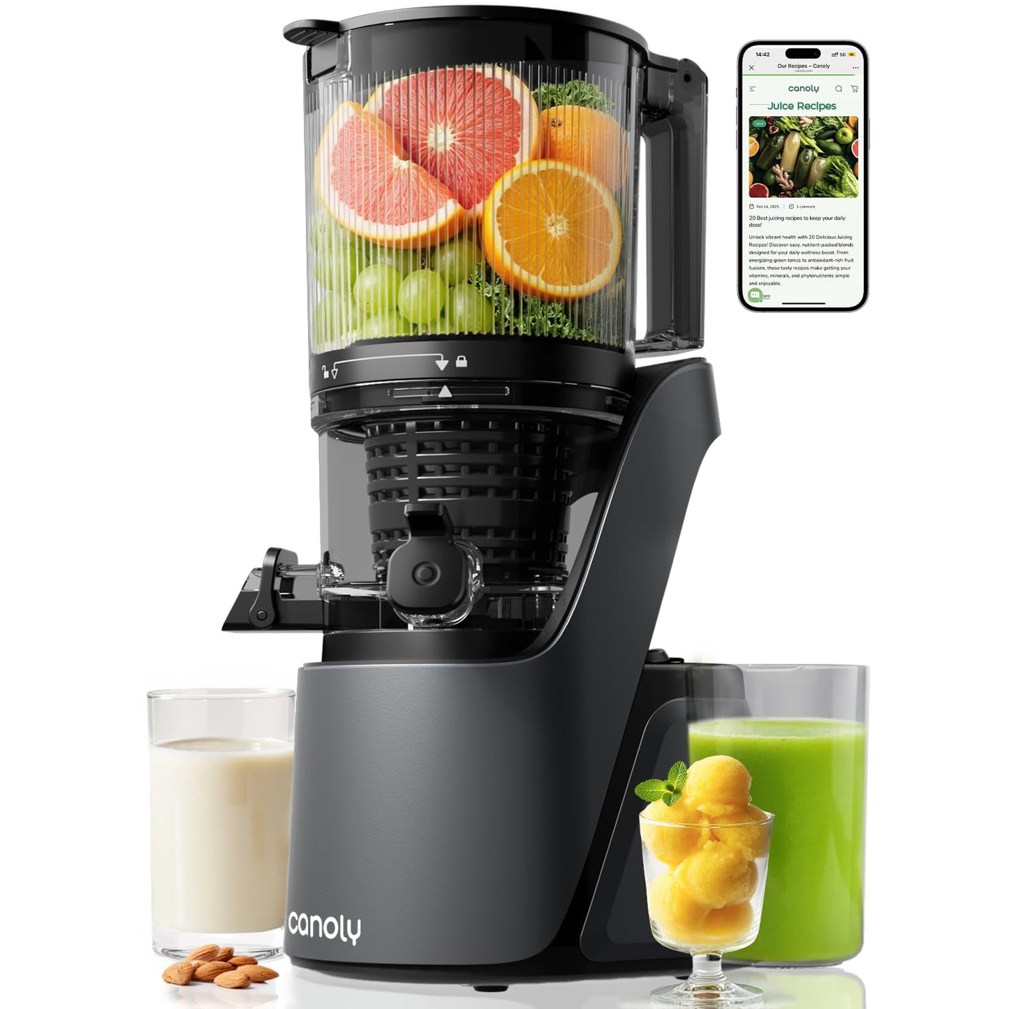 Canoly Juicer Machines, 150 MM Large Feed Chute Cold Press Masticating Juicer, 3-IN-1 Strainers (Juice & Sorbet & Nut Milk), Powerful AC Brushless