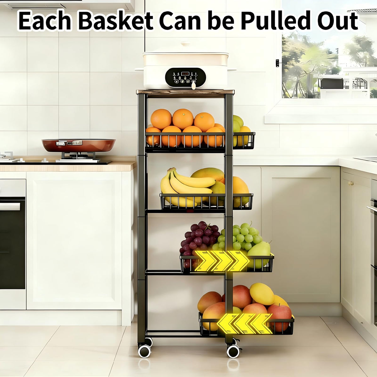 JSHNE Kitchen Trolley on Wheels, Vegetable Rack for Kitchen, Stackable Fruit Basket, 5 Tier Storage Trolley with Lockable Wheels