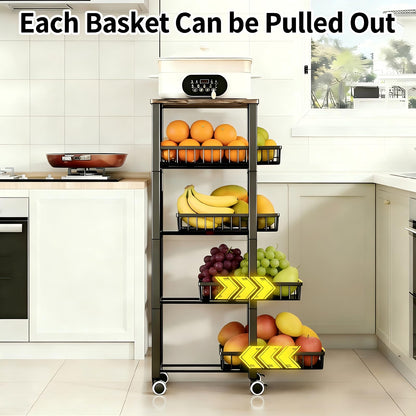 JSHNE Kitchen Trolley on Wheels, Vegetable Rack for Kitchen, Stackable Fruit Basket, 5 Tier Storage Trolley with Lockable Wheels