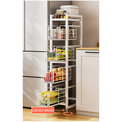 4-Tier Pull-Out Storage Organizer Rolling Utility Cart - Universal Metal Craft Shelf Trolley for Home Kitchen Bathroom Bedroom Office Classroom