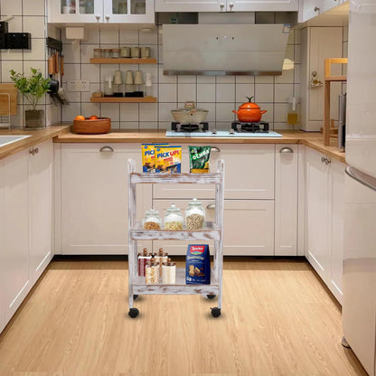 lamde 3-Tier Wooden Rolling Cart- Wooden Utility Cart wit Wheels- Utility Rolling Cart-Storage Trolley Organizer- Rolling Kitchen Cart Serving Cart
