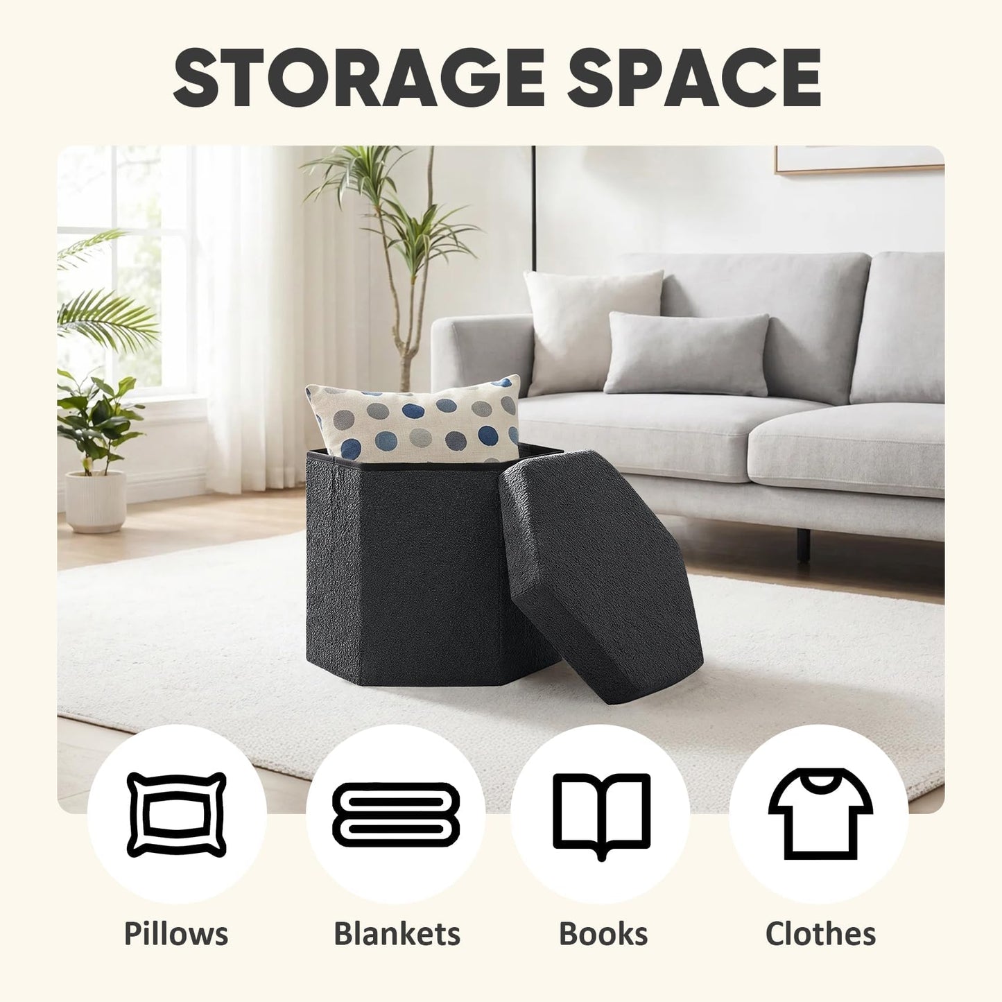 PINPLUS Boucle Ottoman Storage, Hexagonal Foldable Footrest, Dark Grey