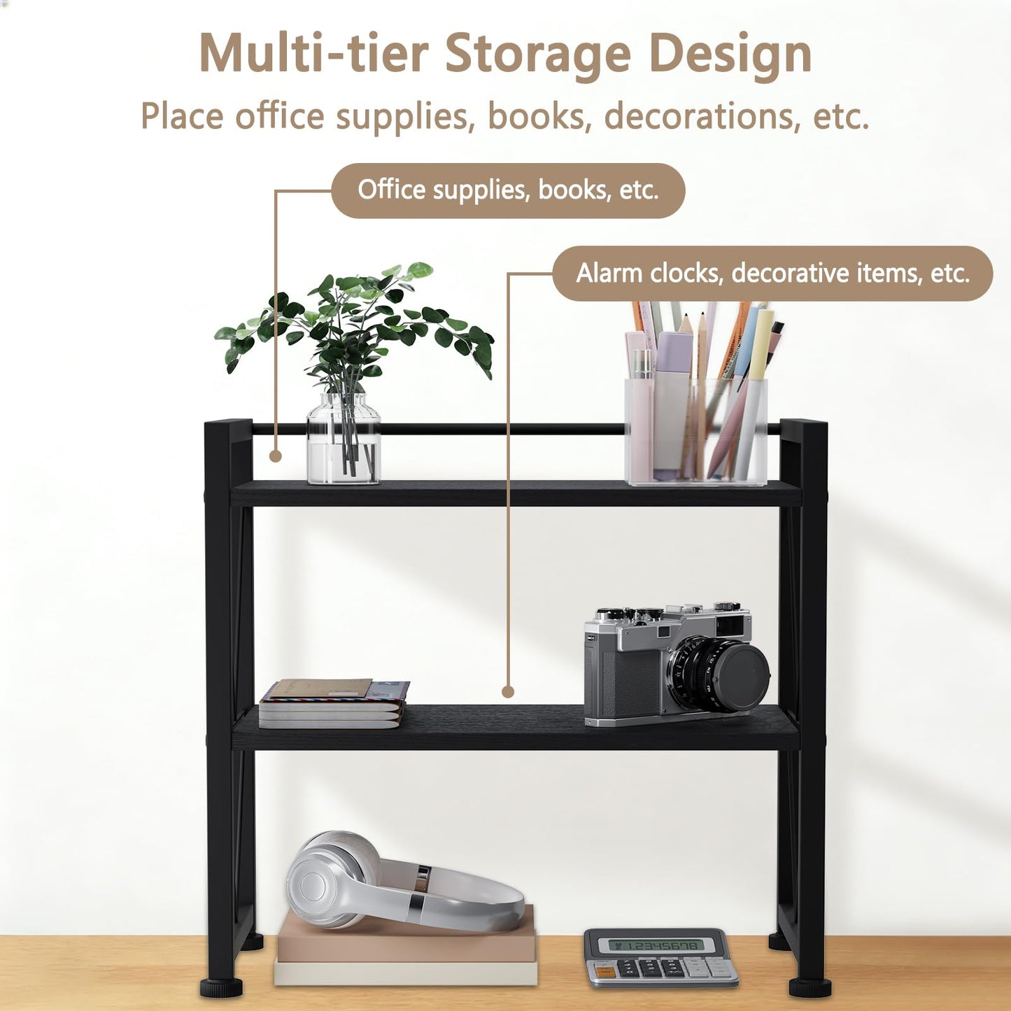 VSIWB Desk Shelf Organiser, 2 Tier Office Shelves, Wood Desk Storage Rack & Freestanding Display Shelf for Office, Dressing Table, Home 41x20x38cm