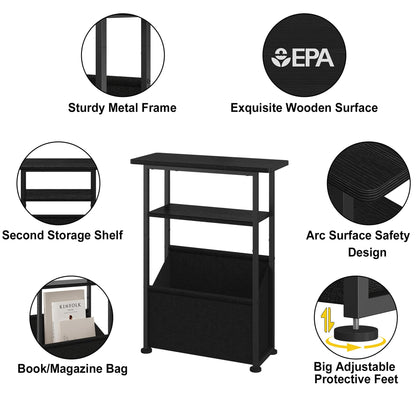 Yusong Narrow Side Table for Small Spaces, Skinny End Table with Storage Basket, 3 Tier Slim Sofa Couch Bedside Table, Thin Nightstand for Bedroom