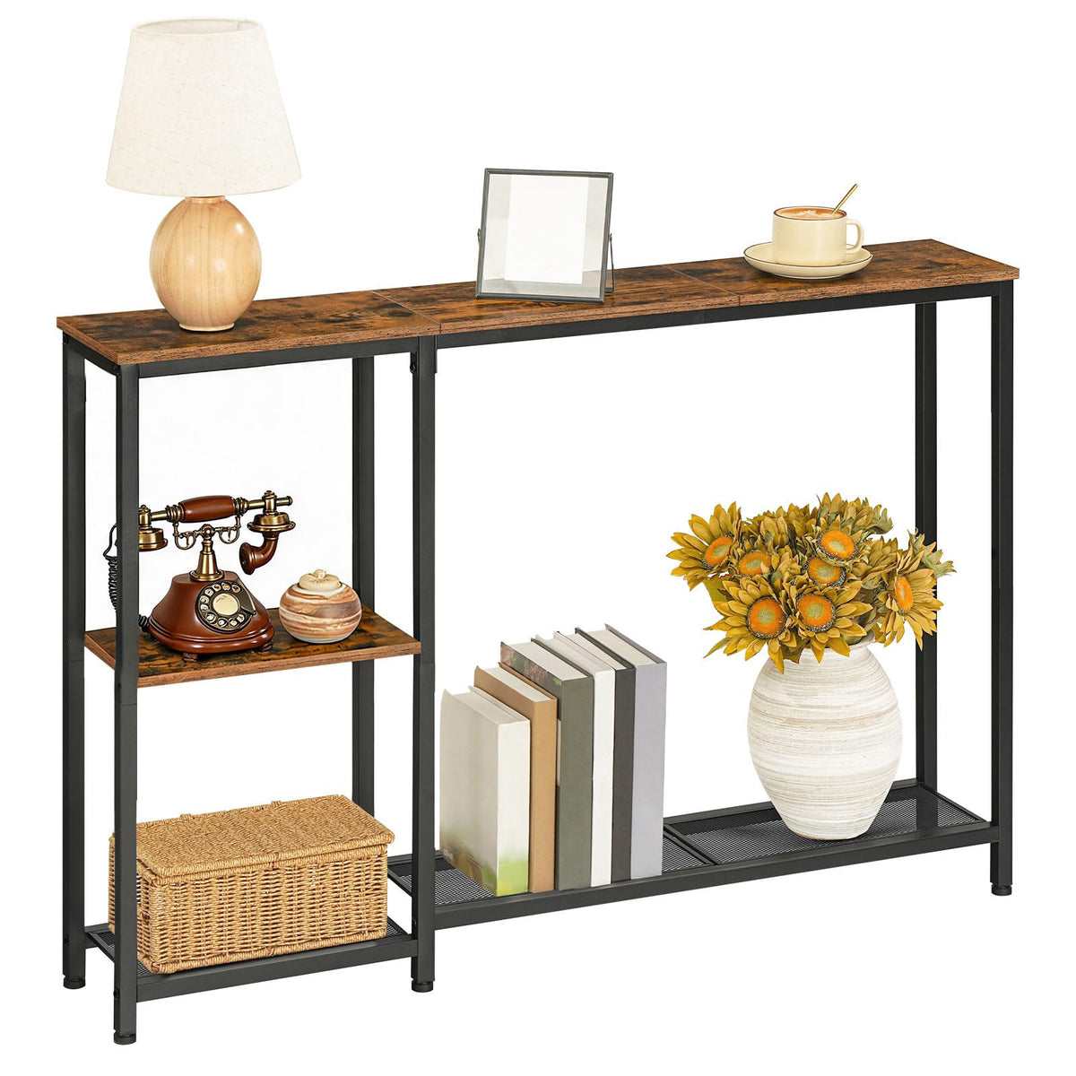 HOOBRO Narrow Console Table, 114 cm Behind Sofa Table with Shelves, Slim Hallway Table with Storage, Hallway Display Shelf, for Living Room, Foyer