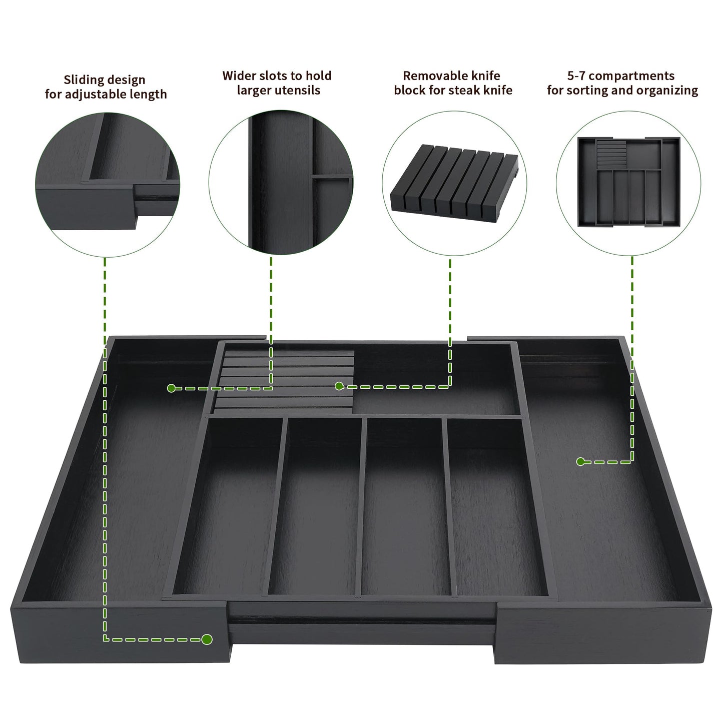 VaeFae Bamboo Silverware Drawer Organizer Kitchen, Expandable Utensil Holder and Cutlery Tray with Divider | 13"-21.6" Flatware Storage (Black)
