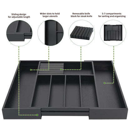 VaeFae Bamboo Silverware Drawer Organizer Kitchen, Expandable Utensil Holder and Cutlery Tray with Divider | 13"-21.6" Flatware Storage (Black)