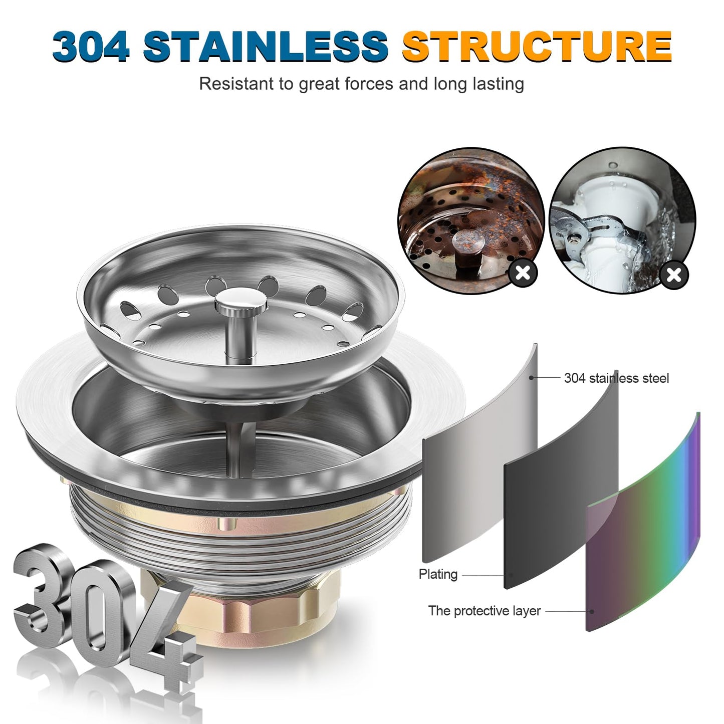 BOTEMY B9100 Kitchen Sink Drain Assembly Kit 3-1/2 Inch with Removable Stainless Steel Sink Strainer Basket Drain Stopper, Brushed