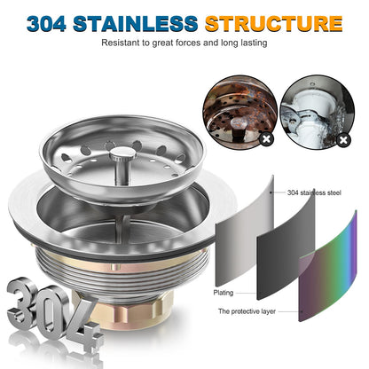 BOTEMY B9100 Kitchen Sink Drain Assembly Kit 3-1/2 Inch with Removable Stainless Steel Sink Strainer Basket Drain Stopper, Brushed