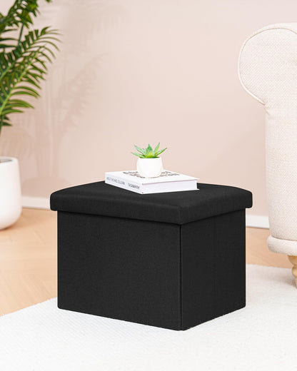 Bonlife Black Ottoman Storage Box - Foldable Rectangular Footstool for Living Room, Kids Toy Chest with Lid, Multi-Use Seat & Storage, 42x32x32 cm