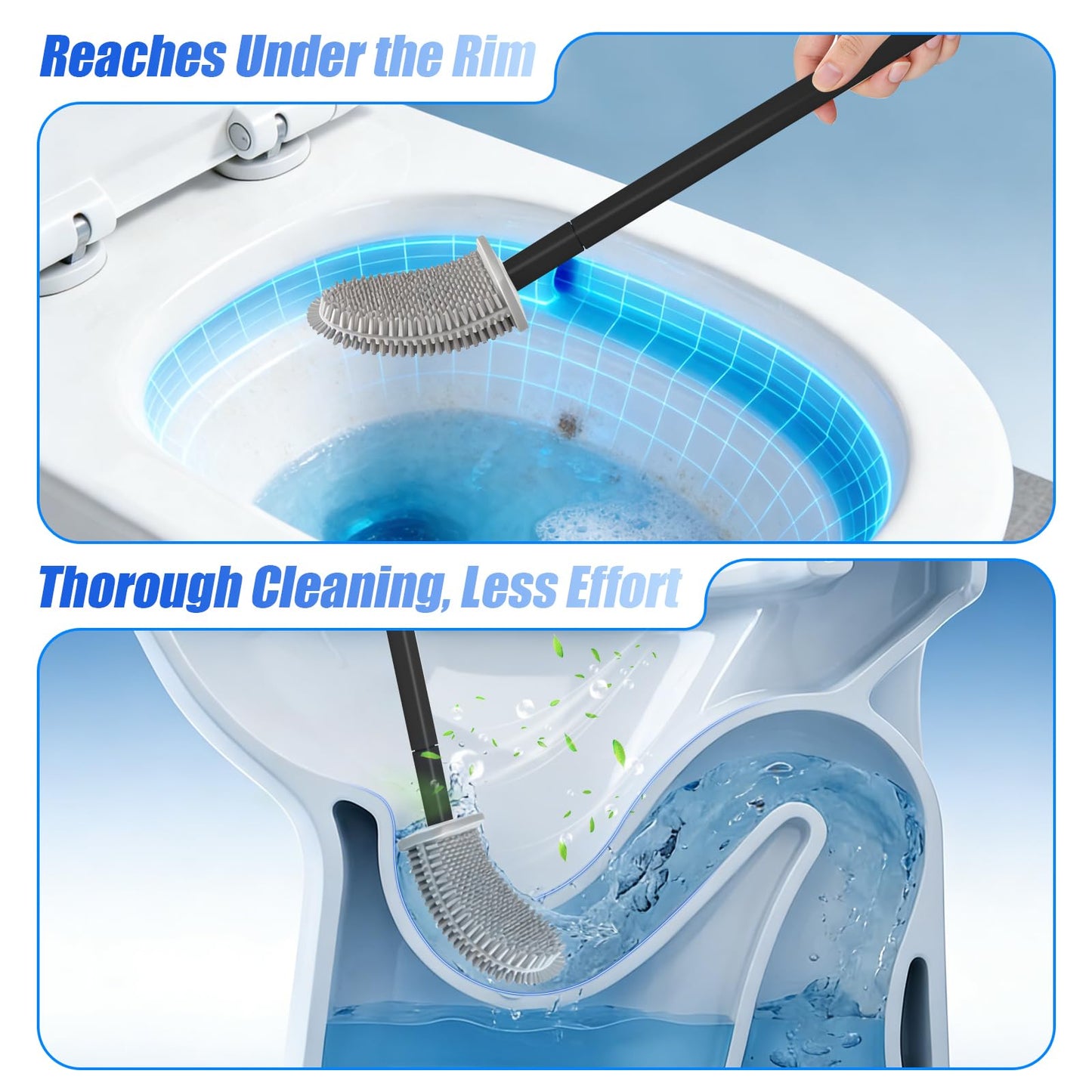 Toilet Brush, 1 Pack Bathroom Silicone Toilet Brushes and Holder Sets with No-Slip Long Plastic Handle and Soft Flexible Bristles