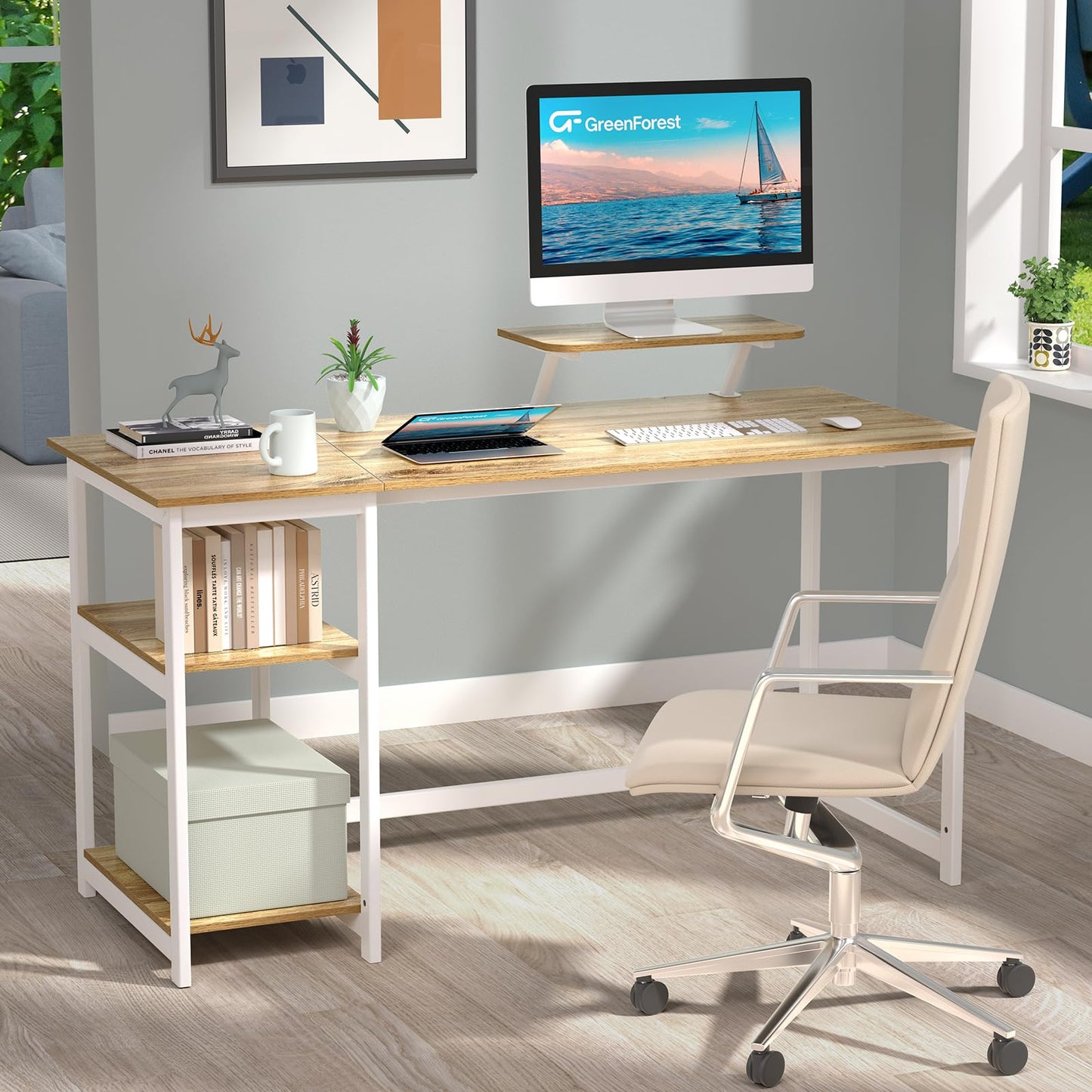 GreenForest Office Desk 140cm with Monitor Stand, Oak