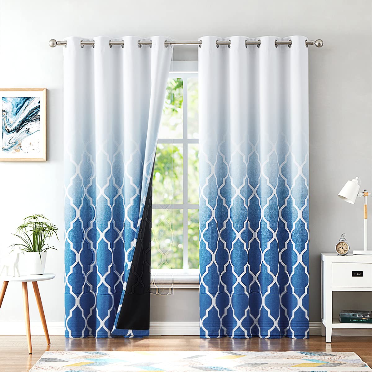 Beauoop Blackout Curtains for Living Room Blue Ombre Curtains 90 Inch Drop Geometric Print Eyelet Curtain for Bedroom Room Darkening Thermal Insulated