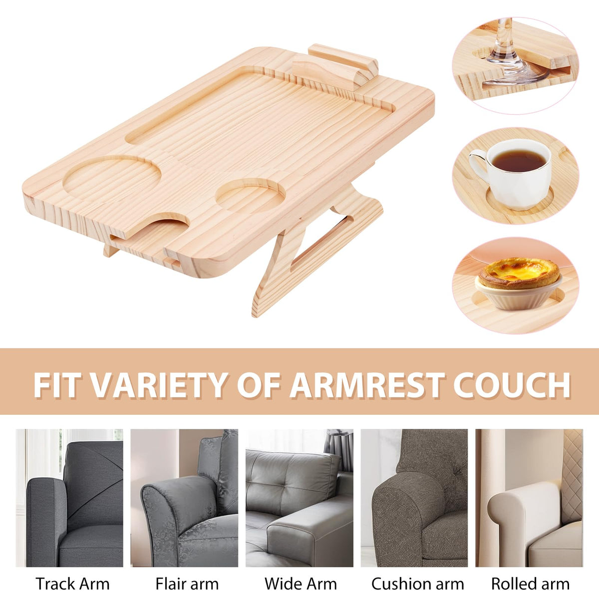 Natural Pine Sofa Armrest Tray,Drink Holder Arm with 360° Rotating Phone Stand. Holds Cups, Phones, Snacks, etc. Foldable & Clip-on Design