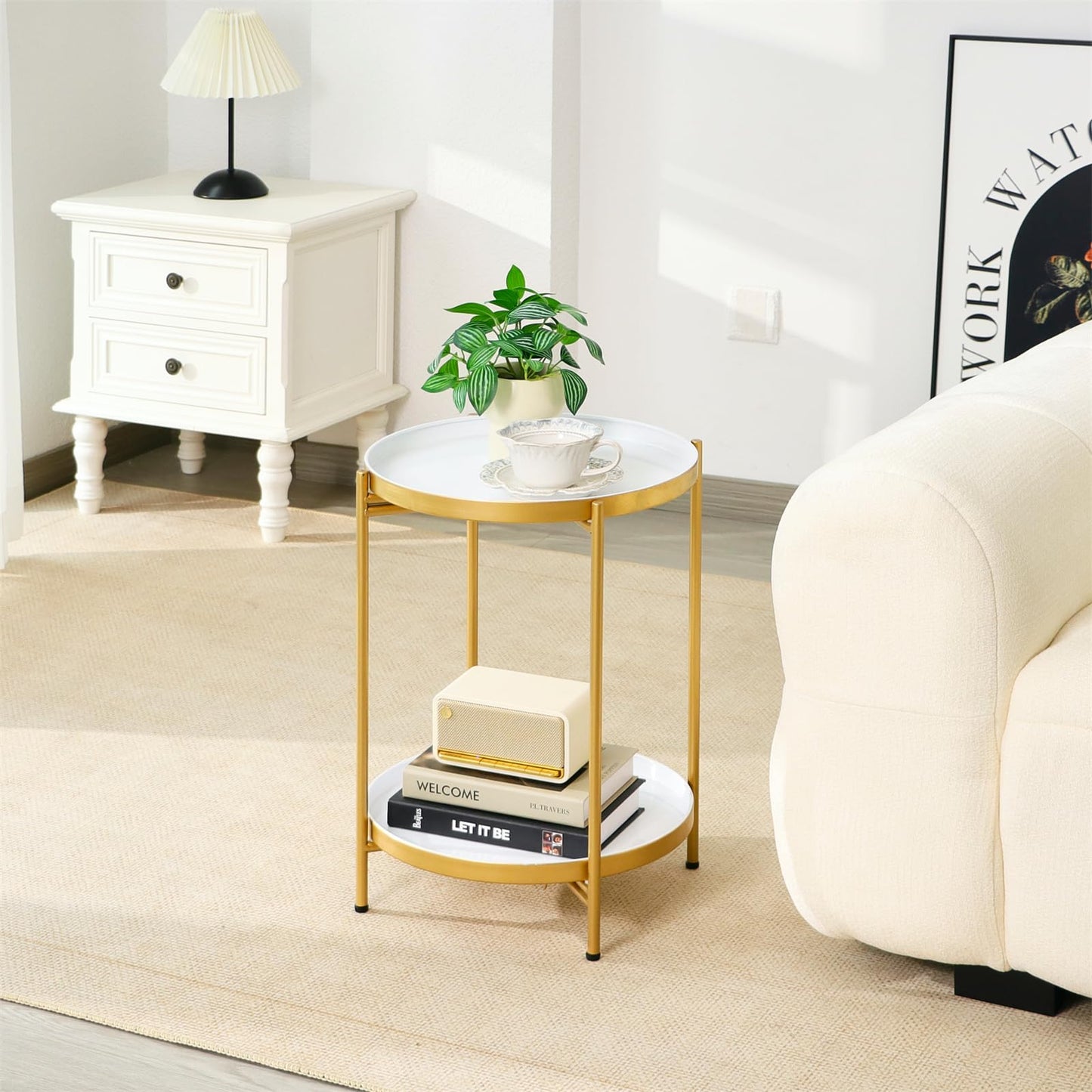 Mordchil EU 2-Tier Round End Side Table, Small Metal Side Table with Removable Tray, Folding Accent Tables for Living Room, Balcony