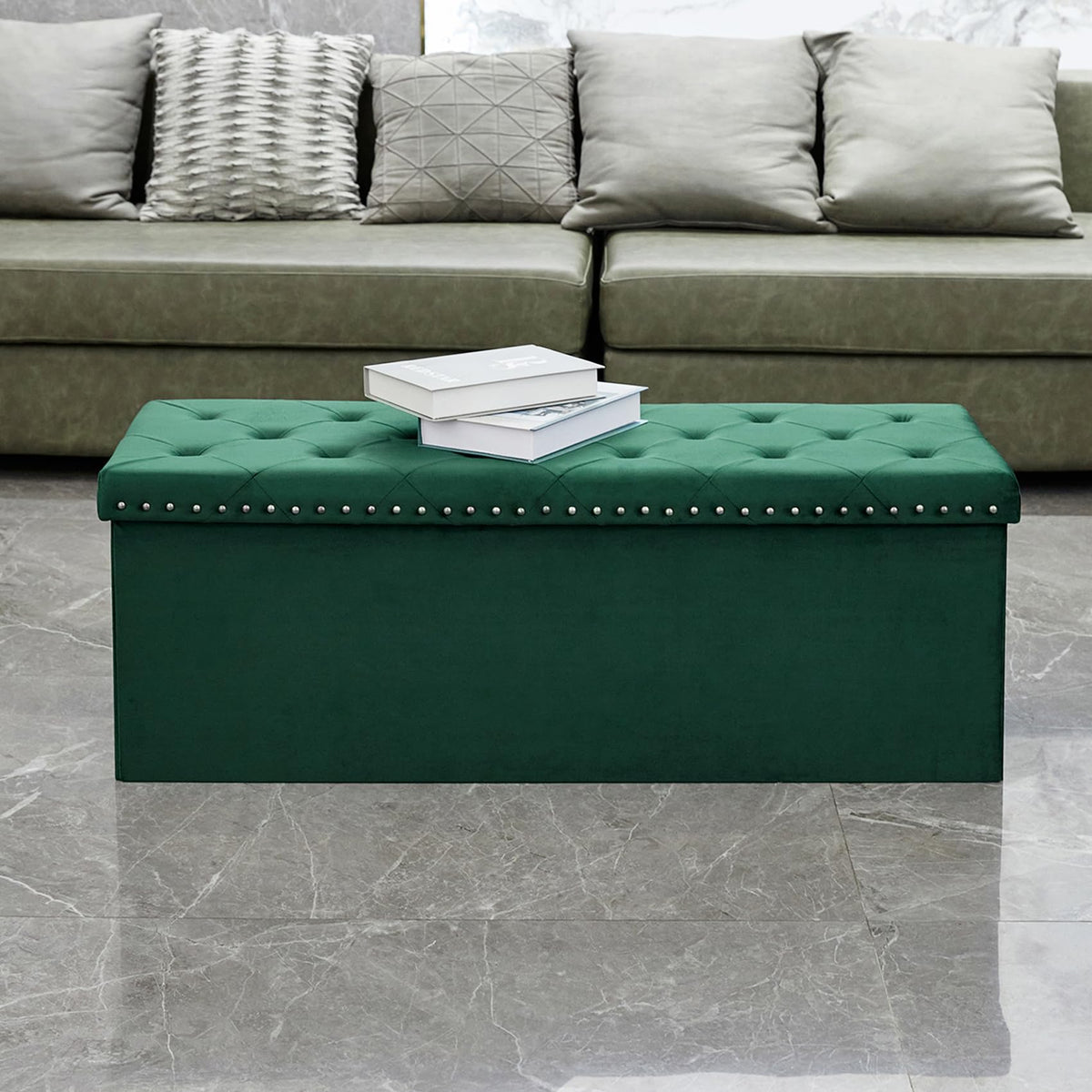 Bonlife Folding Ottoman Bench Seat with Storage,Extra Large End of Bed Storage with Lids,Velvet Footstool for Living Room,Dark Green,110x40x40cm