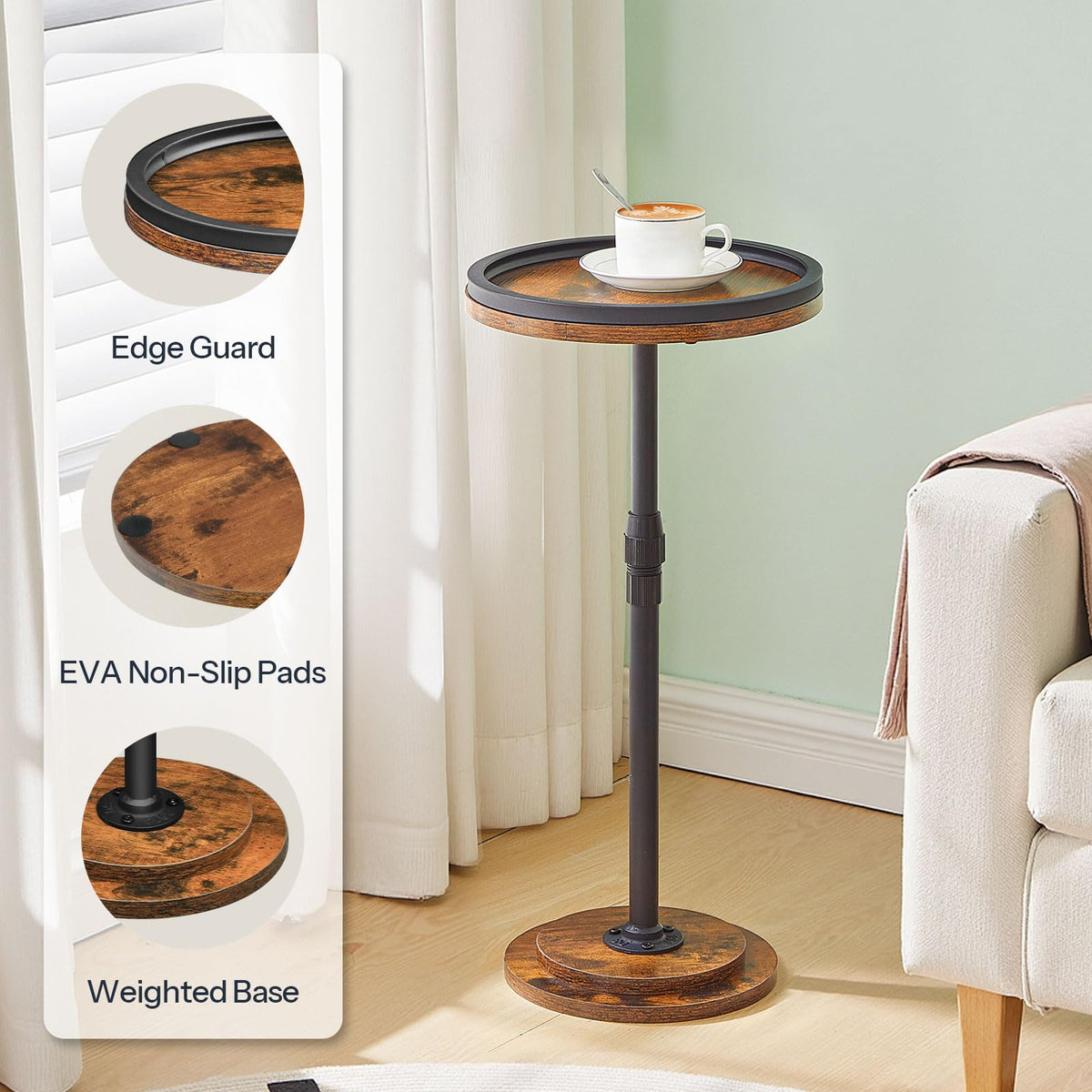 HOOBRO Round Side Table, Height Adjustable Bedside Table, Small Drink Table Sofa Table with Pedestal