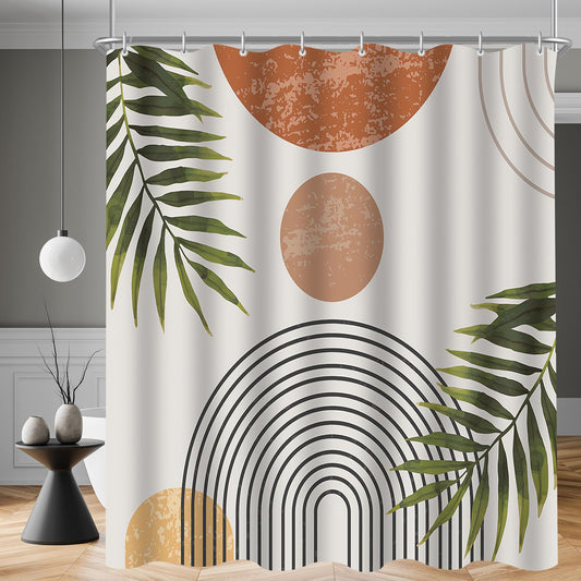 Lerores Shower Curtain 150 x 180 cm Leaves Line, Weighted Hem, Anti-Mould Textile, Water-Repellent, Washable Polyester Fabric Bath Curtains with 8