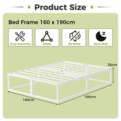 EMODA Metal Bed Frame 36cm High with Steel Slats Support, 160 x 190cm Heavy Duty Bed Frame Solid Platform, Noise Free, Easy Assembly, White