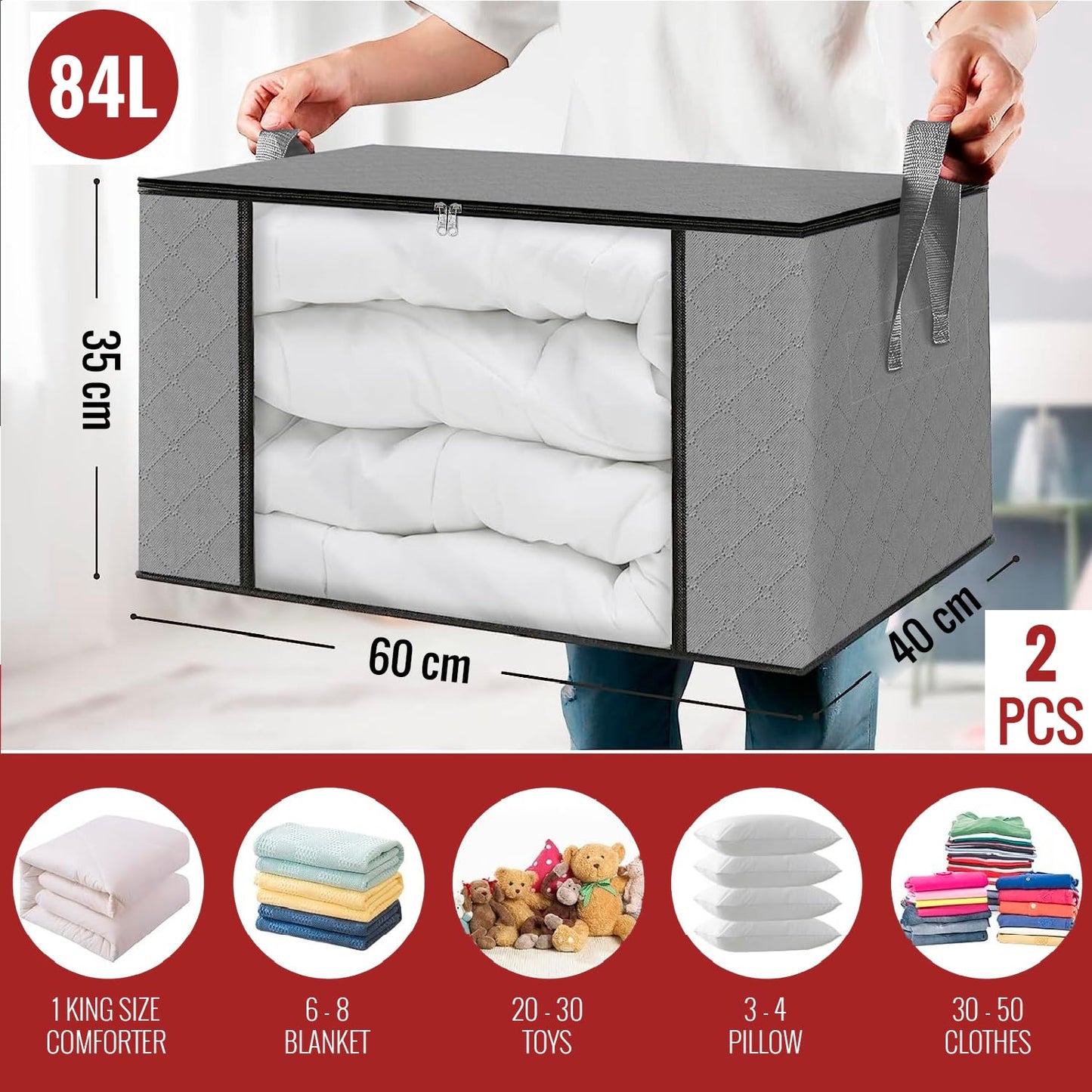 edihome, Clothes Storage Bag, (2 pieces), Wardrobe Organiser, with Reinforced Handles, Heavy Duty Cloth Pouches with Transparent Window
