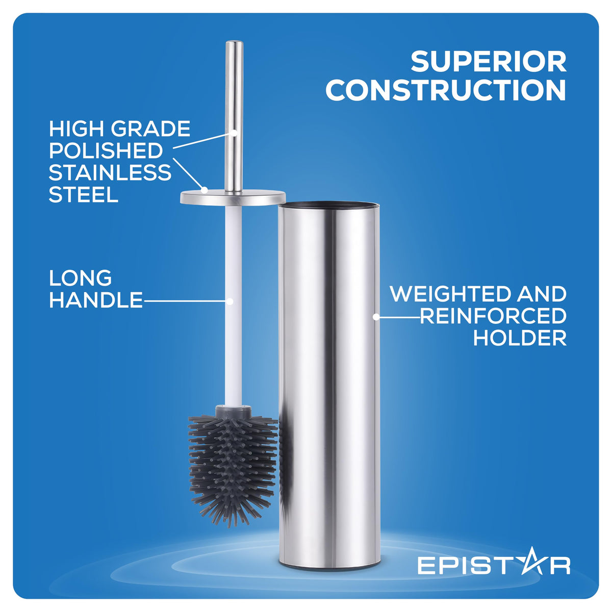 EPISTAR Silicone Toilet Brush & Holder Set - Stainless Steel - Replacement Heads Available - 45cm Tall - Toilet Brush Silicone with Long Handle