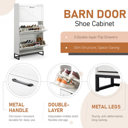Bonnlo Barn Door Shoe Cabinet with 3 Flip Bins, High Capacity Shoe Storage, Adjustable Shelves & Anti-Tip Design (Distressed White)